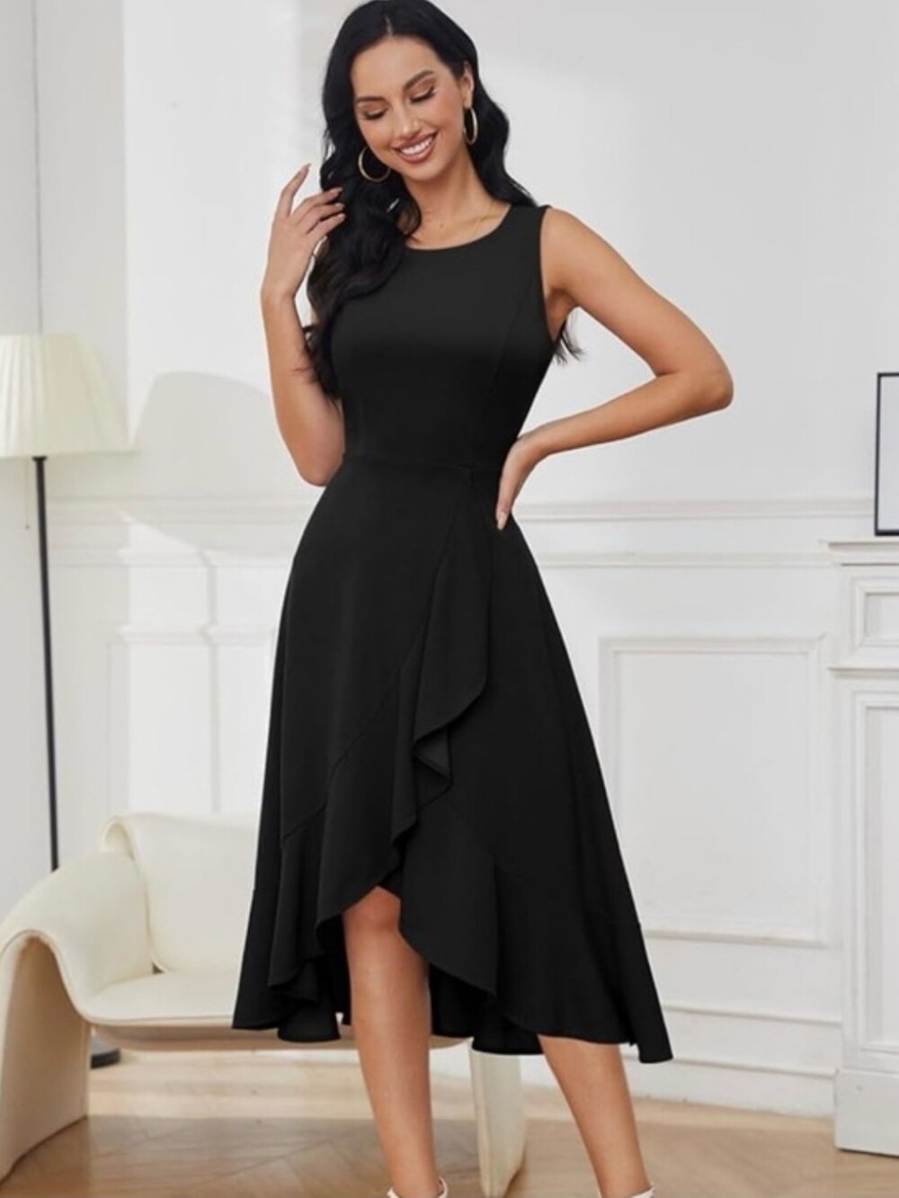 Dresstells Sleeveless Black Ruffle Hem Midi Dress